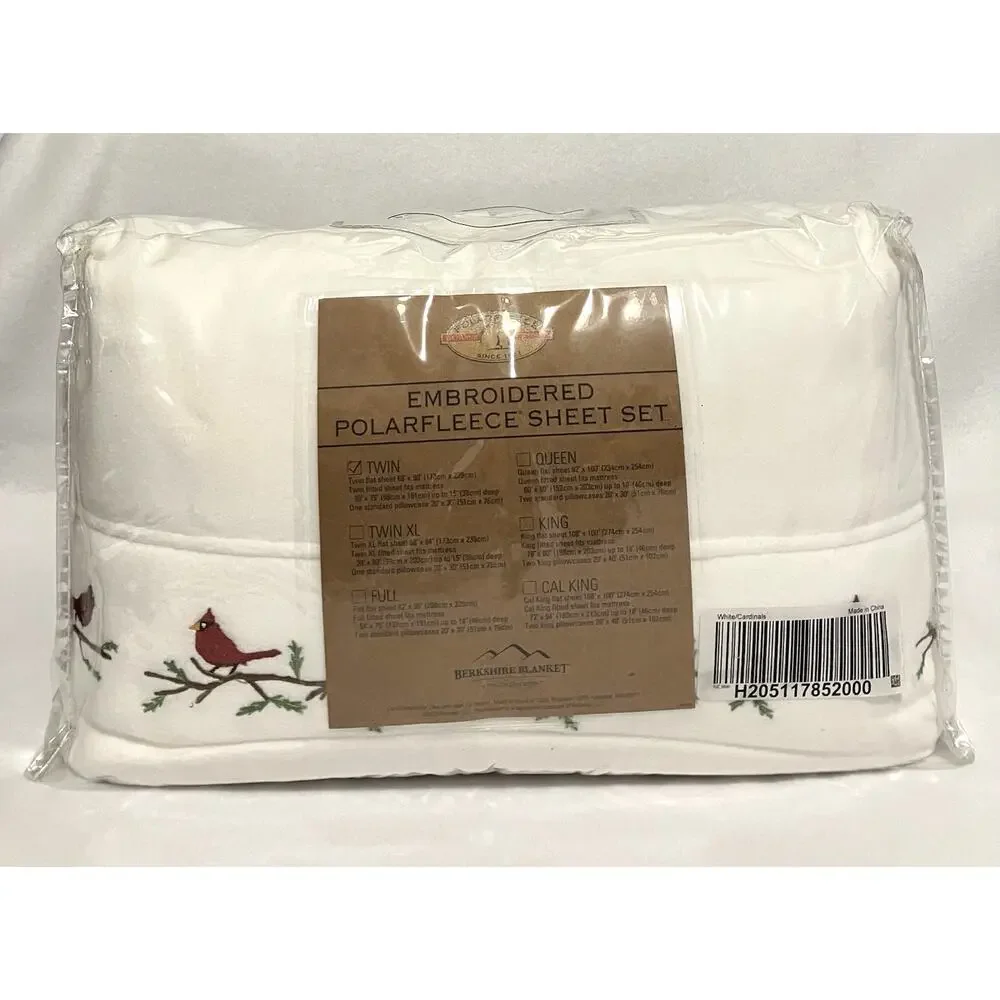 Berkshire Embroidered Polarfleece Twin Size Sheet Set White with Cardinals NIP